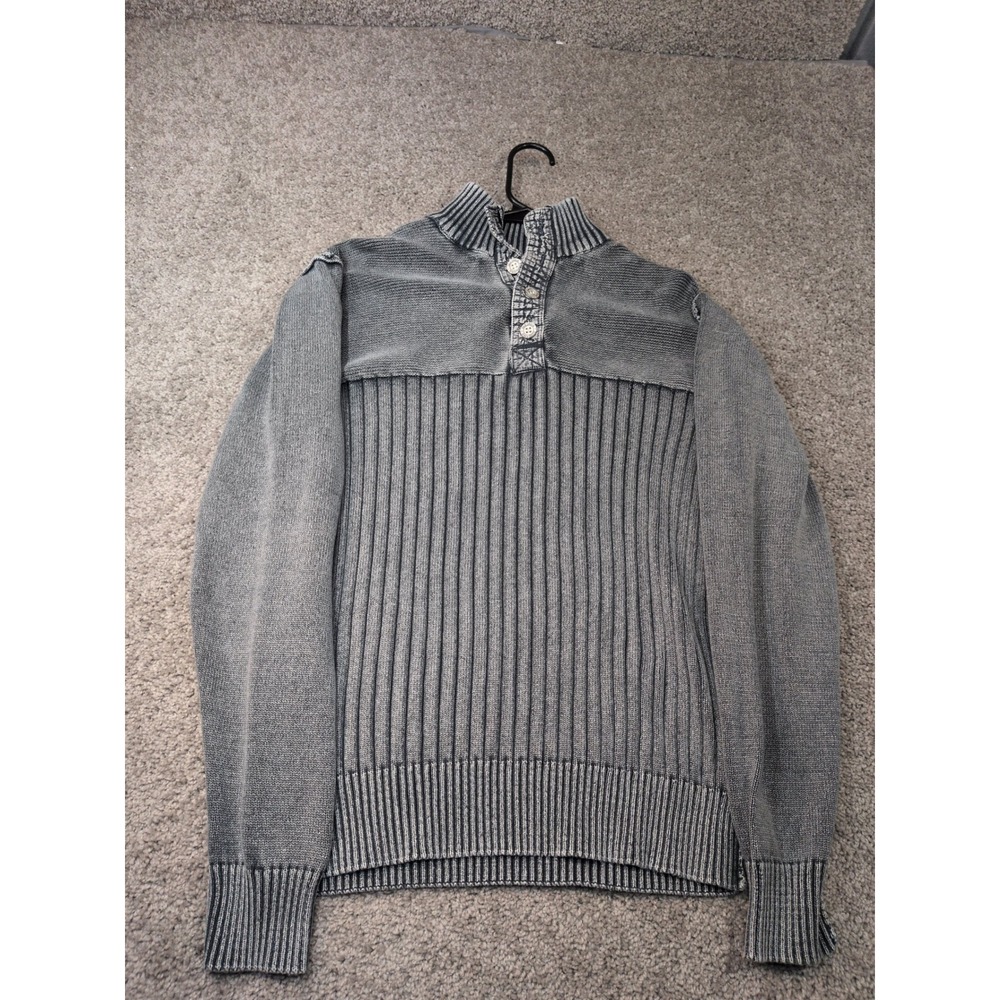 BKE Mens Mock Neck Quarter Button Ribbed Knit Sweater Gray Acid Wash Large
